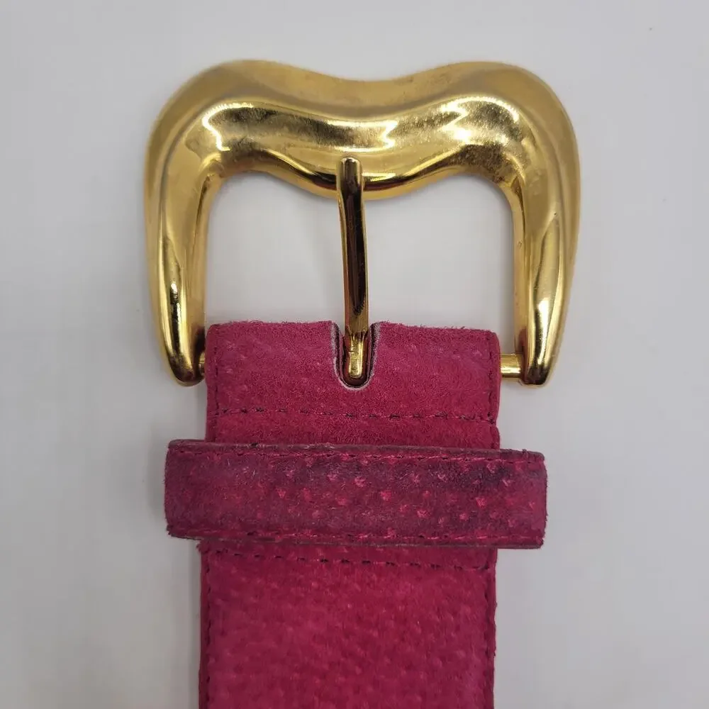 Vintage Pink Suede Leather Belt Small Wide Gold Sculptural Statement Waist 80s